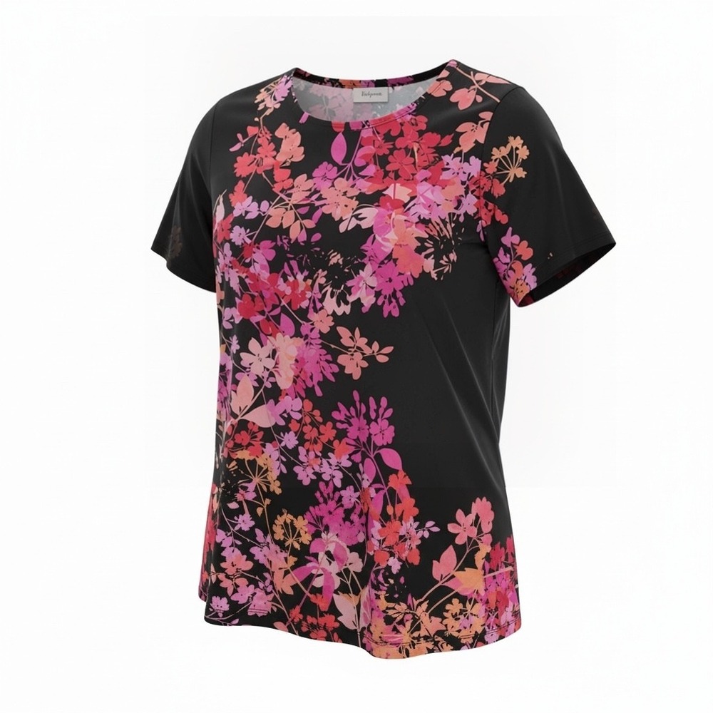 Susan Graver 1XP Floral Stretch Knit Top Black Pink Coral Short Sleeve EUC